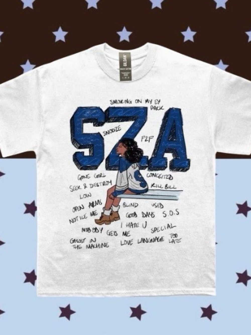 Gildan White SZA Graphic Tee with Blue Print